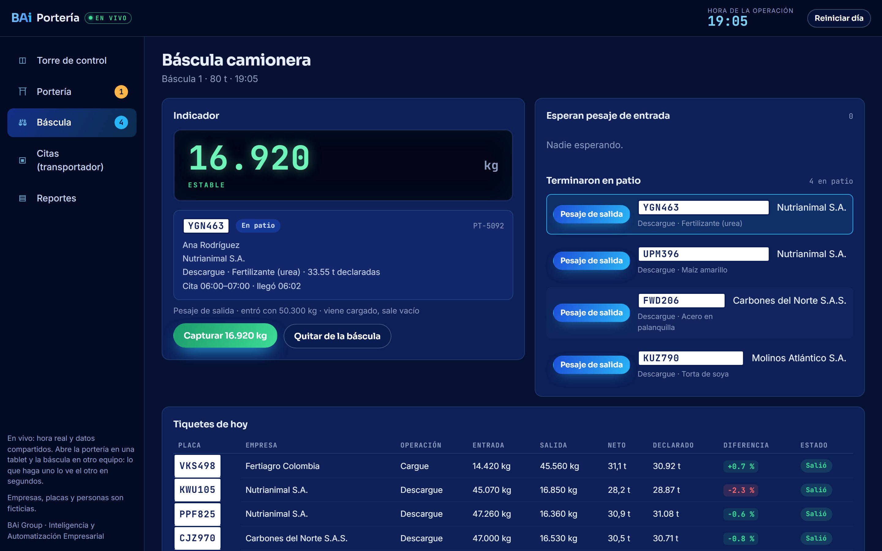 Pantalla de la báscula con el indicador estable y la lista de camiones por pesar