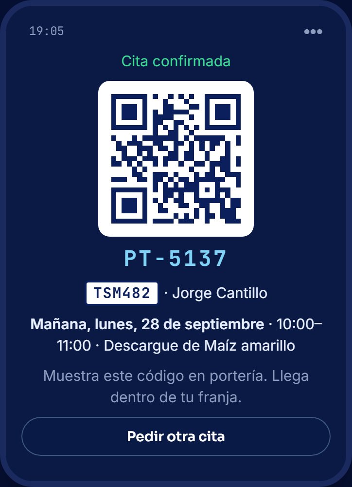 Cita confirmada en el celular del transportador, con código QR